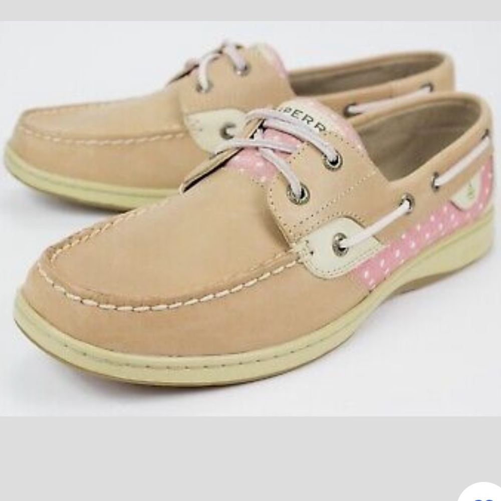 Sperry Topsider Womens 7.5M Leather Two-Eye Tan Pink Polka Dot Boat Shoes